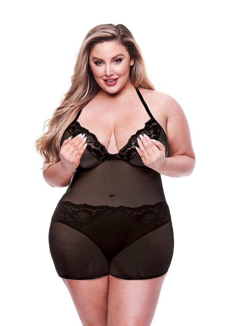 2pc Eco Chemise and Panty - Black - Queen - Set