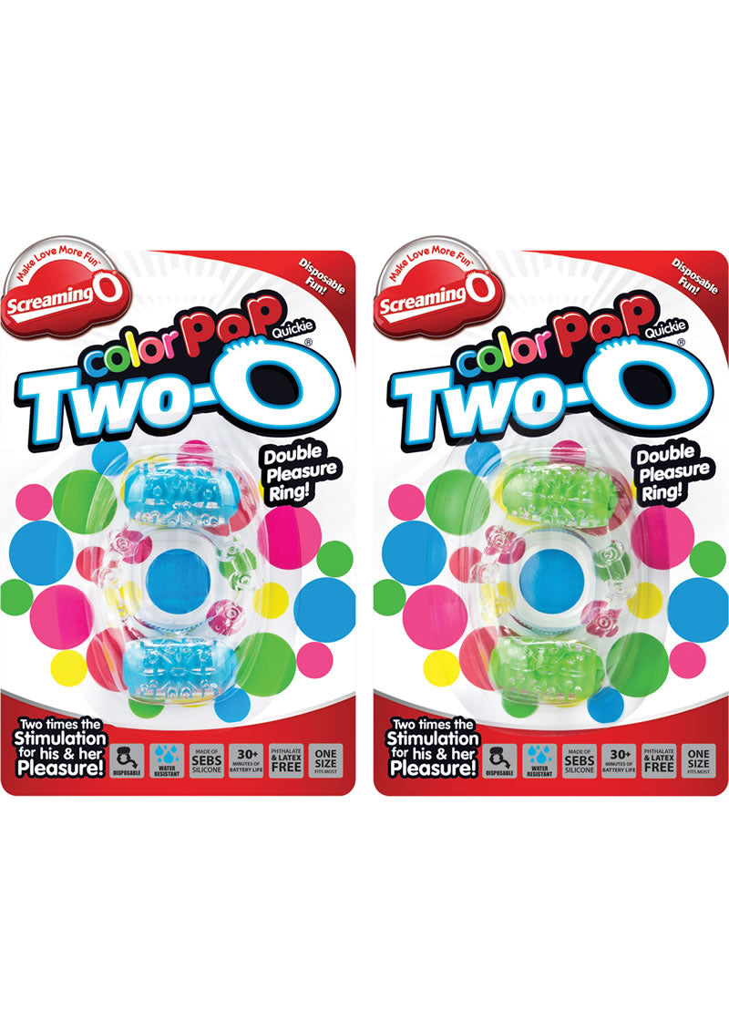 Color Pop Quickie Two-O Silicone Dual Vibrating Cock Ring - Assorted Colors - 12 Each Per Case