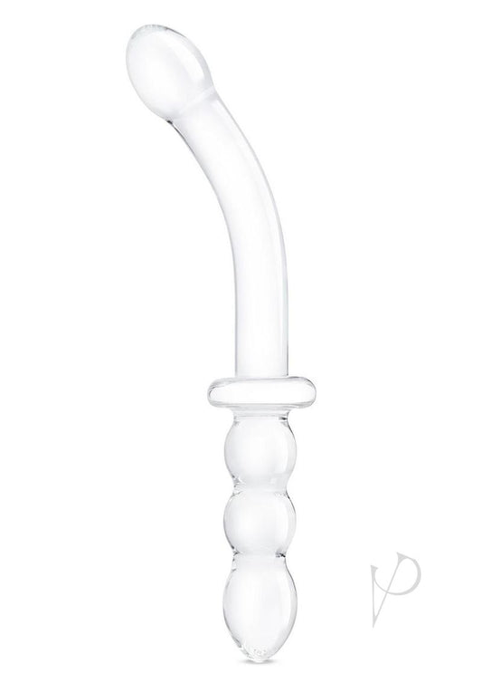 Glas Girthy Ribbed G-Spot Glass Dildo with Handle Grip Double End - Clear - 12in