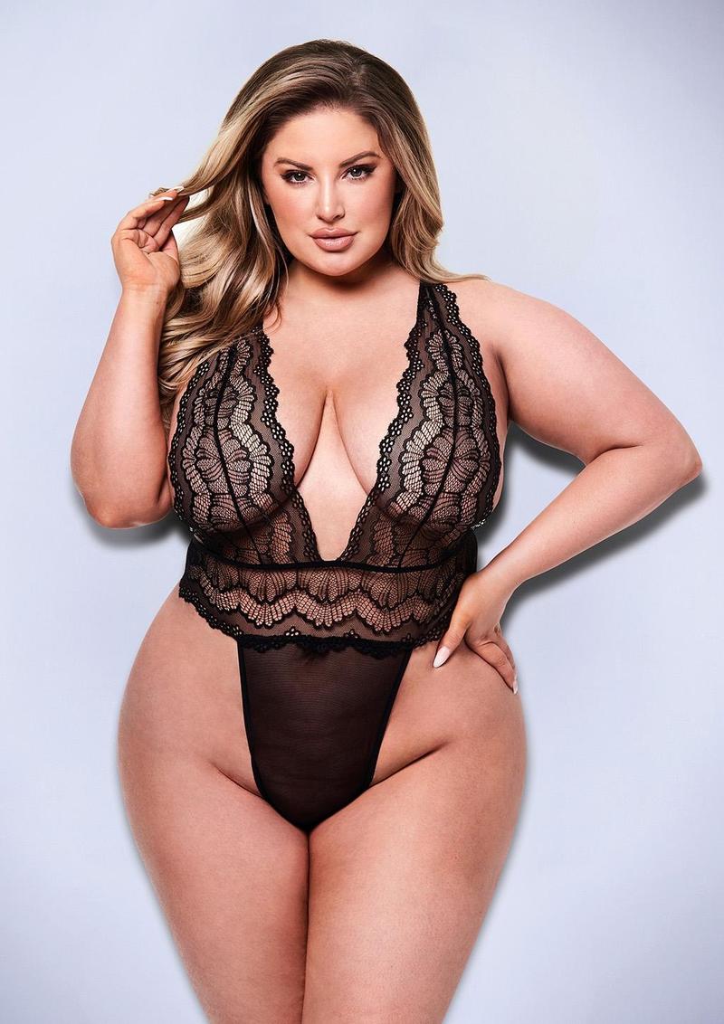 Sexy Deep V Lace Teddy - Black - Queen